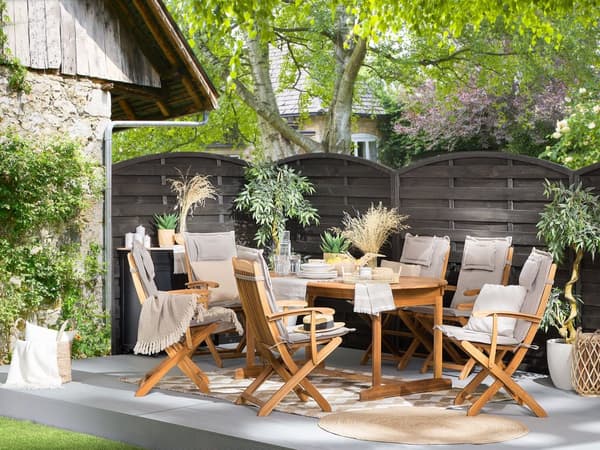 Havemøbelsæt Lyst Akacietræ 160/220 x 100 cm 8 Personers Udendørs Udtræksbord med Hul til Parasol Rustikt Design Klapstole Hynder Terrasse