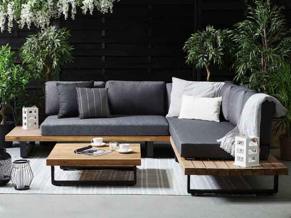Hörnsoffa Trädgård Loungegrupp Grå Trä 5-sits med Soffbord