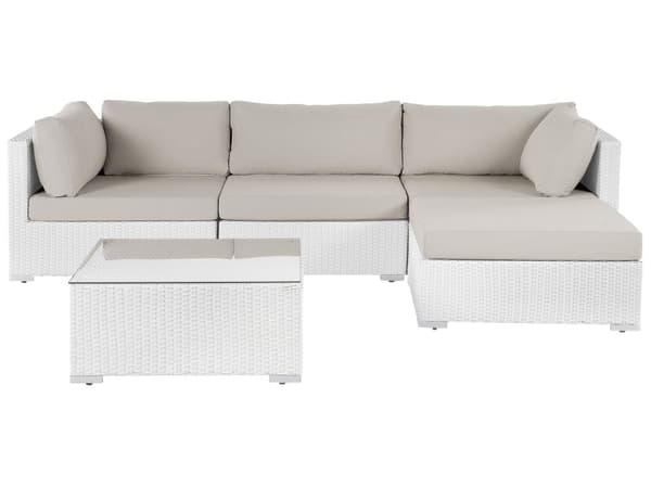 Loungegrupp Vänster Trädgård Vit med Beige Kuddar 5-sits Soffa Soffbord