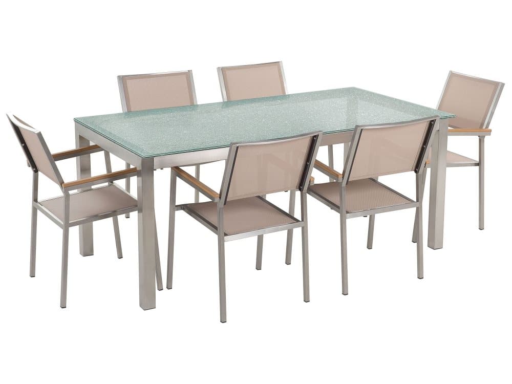 Trädgårdsmöbelset av bord knäckt glasskiva och 6 stolar beige GROSSETO