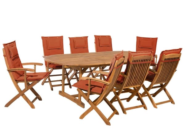 Trädgårdsmöbelset Akaciaträ med Röda Kuddar 8-sits Bord Hopfällbara Stolar Rustik Design