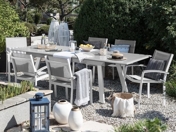 Havestole Grå Hvid Aluminium Træplast 175/255 x 100 cm 6 Personers Udendørs Stabelstole Vedligeholdelsesfri Nonwood Havemøbler Sæt Havebord
