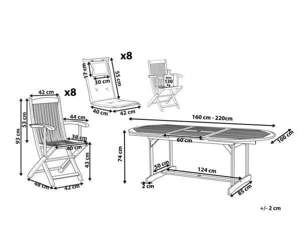 Trädgårdsmöbelset Ljus Akaciaträ med Grå Dynor 8-sits Bord Hopfällbara Stolar Rustik Design