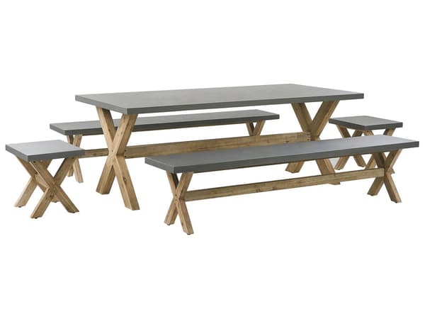 Udendørs Spisebordssæt Grå Fibercement Lys Akacietræ 8 Personer Bord 2 Bænke 2 Skamler Moderne Design