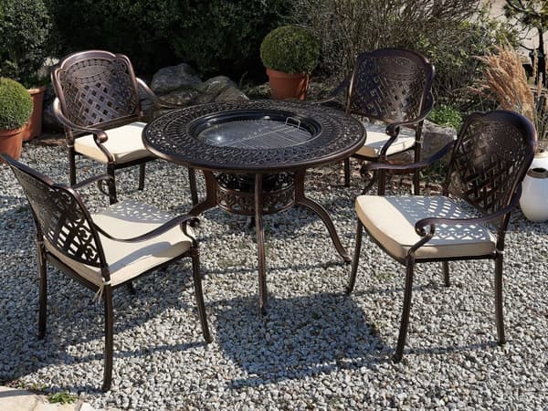 Udendørs BBQ Spisesæt Brun Aluminium 1 Grill Bord 4 Stole Have Vintage