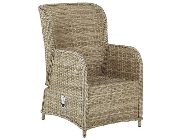Ulkotuoliryhmä beige kahdelle polyrottinki säädettävä selkänoja ruskeanharmaat pehmusteet boho