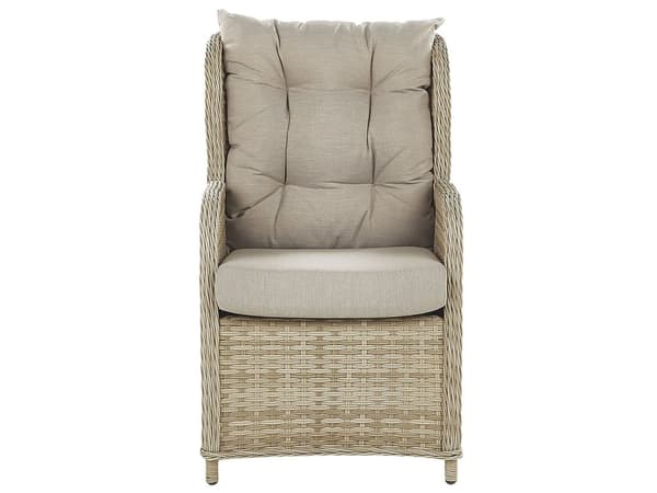 Ulkotuoliryhmä beige kahdelle polyrottinki säädettävä selkänoja ruskeanharmaat pehmusteet boho