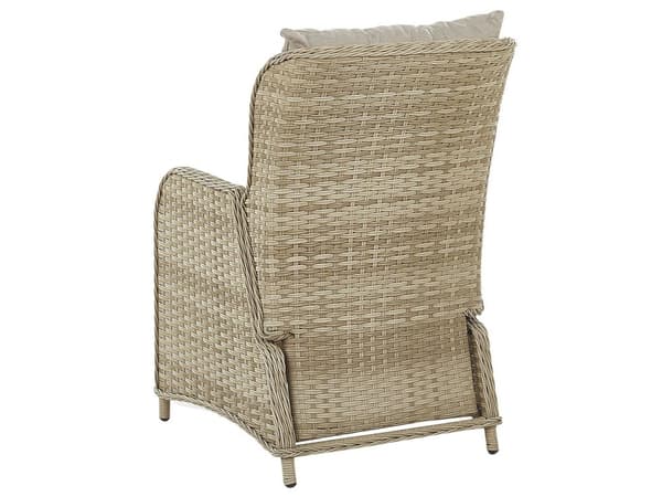Ulkotuoliryhmä beige kahdelle polyrottinki säädettävä selkänoja ruskeanharmaat pehmusteet boho