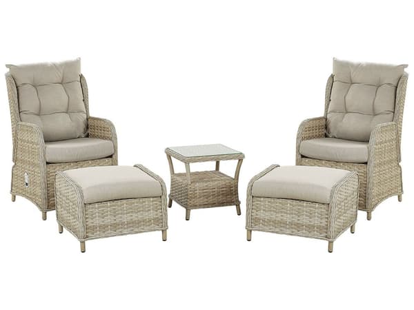 Ulkotuoliryhmä beige kahdelle polyrottinki säädettävä selkänoja ruskeanharmaat pehmusteet boho