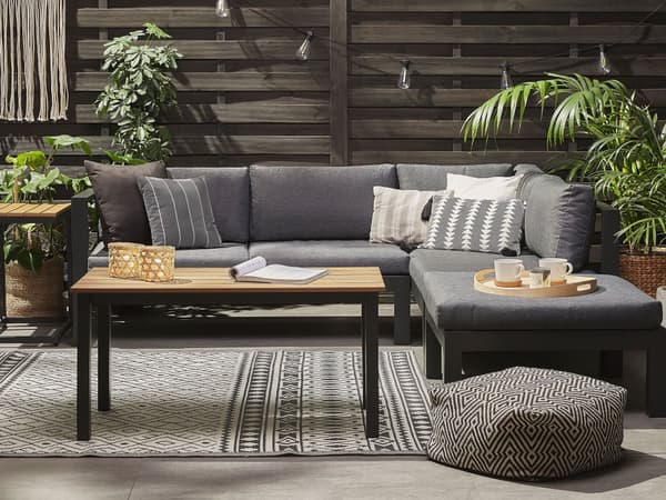 Trädgård Loungegrupp Svart Aluminium Ram med Grå Kuddar 5-sits Soffbord och Sidobord