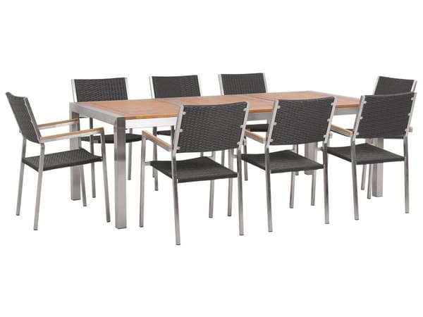 Have Spisebordssæt Lys Eukalyptustræ Top Stålstel 220 x 100 cm med 8 Sorte Stole