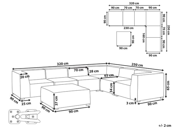 Ulkokulmasohva ja rahi harmaa 320 x 250 x 65 cm polyesteri alumiini 7 hengelle vasen rahi UV-kestävä