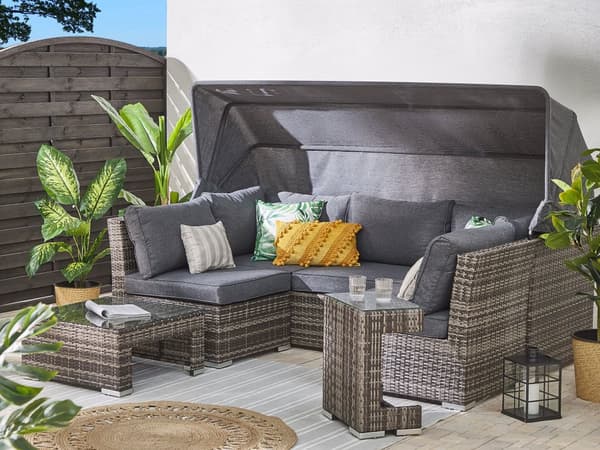 Loungesæt Grå Mørkebrun PE Rattan 6 Personers Havemøbler Sofa Justerbare Modulær Sæder Baldakin og Moderne Design Terrasse Have Indretning