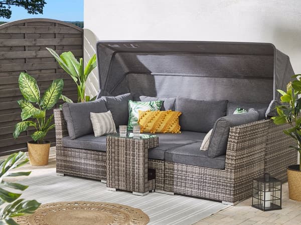 Loungesæt Grå Mørkebrun PE Rattan 6 Personers Havemøbler Sofa Justerbare Modulær Sæder Baldakin og Moderne Design Terrasse Have Indretning
