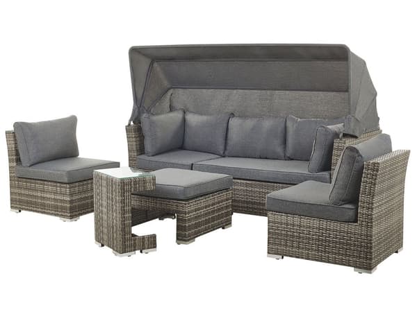 Loungesæt Grå Mørkebrun PE Rattan 6 Personers Havemøbler Sofa Justerbare Modulær Sæder Baldakin og Moderne Design Terrasse Have Indretning
