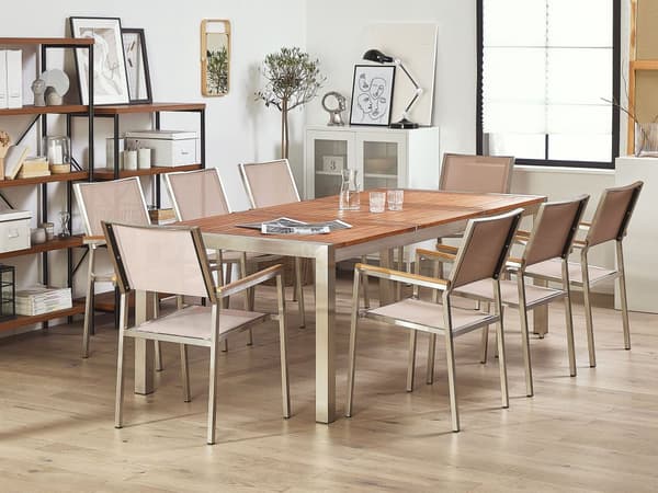Trädgårdsmöbelset Eukalyptusträ Bordsskiva Stålram 220 x 100 cm med 8 Beige Stolar