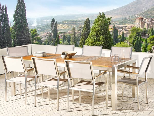 Trädgårdsmöbelset Eukalyptusträ Bordsskiva Stålram 220 x 100 cm med 8 Beige Stolar