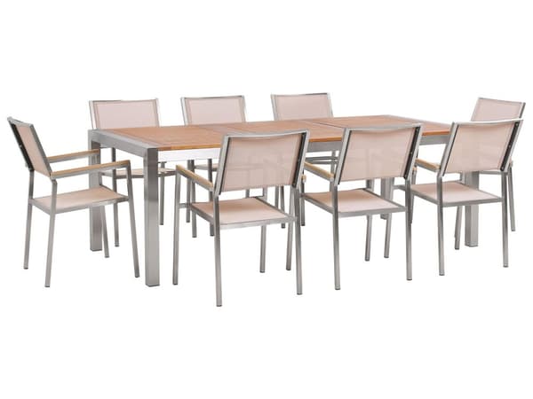 Trädgårdsmöbelset Eukalyptusträ Bordsskiva Stålram 220 x 100 cm med 8 Beige Stolar