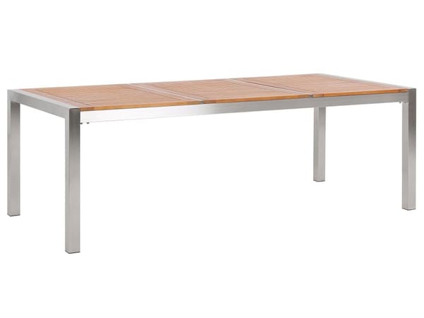 Trädgårdsmöbelset Eukalyptusträ Bordsskiva Stålram 220 x 100 cm med 8 Vita Stolar