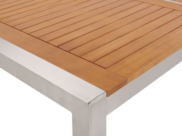 Trädgårdsmöbelset Eukalyptusträ Bordsskiva Stålram 220 x 100 cm med 8 Vita Stolar