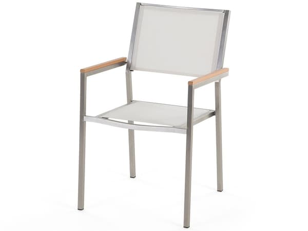 Trädgårdsmöbelset Eukalyptusträ Bordsskiva Stålram 220 x 100 cm med 8 Vita Stolar