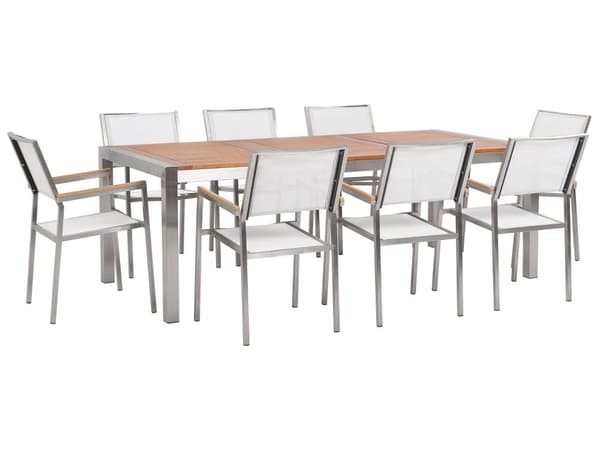 Trädgårdsmöbelset Eukalyptusträ Bordsskiva Stålram 220 x 100 cm med 8 Vita Stolar