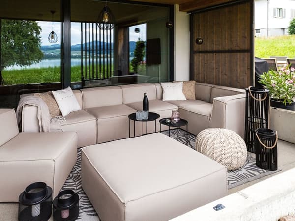 Loungegrupp Inomhus Hörnsoffa Beige Tyg 7-sits med Ottoman Vänster Trädgård