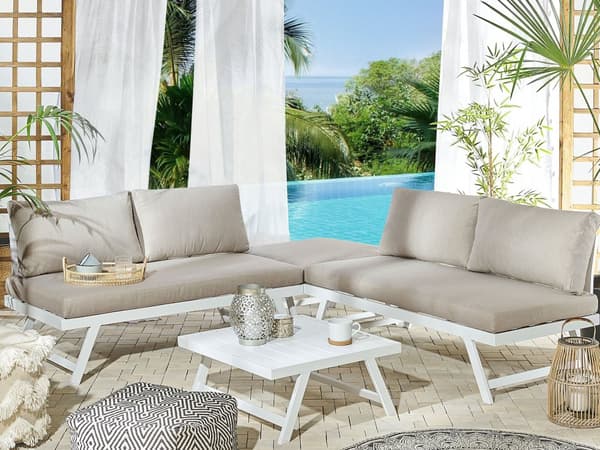 5-sits Trädgård Loungegrupp Kuddar Vit Ram Justerbara Sittplatser Soffbord Modern Design