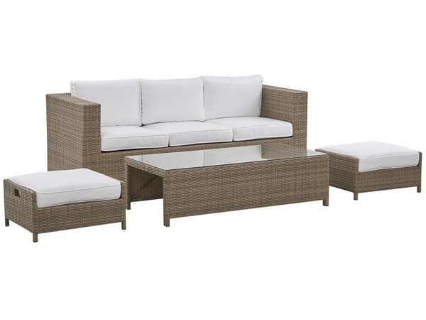 Udendørs sofasæt Brun/Hvid Imiteret Rattan 3 Personers Sofa med Sofabord og 2 Osmanner med Hynder til en Plads Kapacitet op til 5 Siddepladser