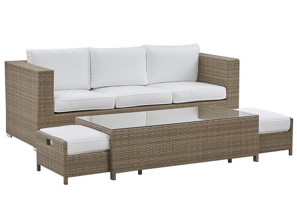Udendørs sofasæt Brun/Hvid Imiteret Rattan 3 Personers Sofa med Sofabord og 2 Osmanner med Hynder til en Plads Kapacitet op til 5 Siddepladser
