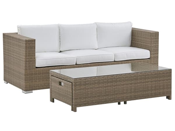 Udendørs sofasæt Brun/Hvid Imiteret Rattan 3 Personers Sofa med Sofabord og 2 Osmanner med Hynder til en Plads Kapacitet op til 5 Siddepladser