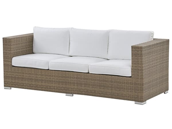 Udendørs sofasæt Brun/Hvid Imiteret Rattan 3 Personers Sofa med Sofabord og 2 Osmanner med Hynder til en Plads Kapacitet op til 5 Siddepladser