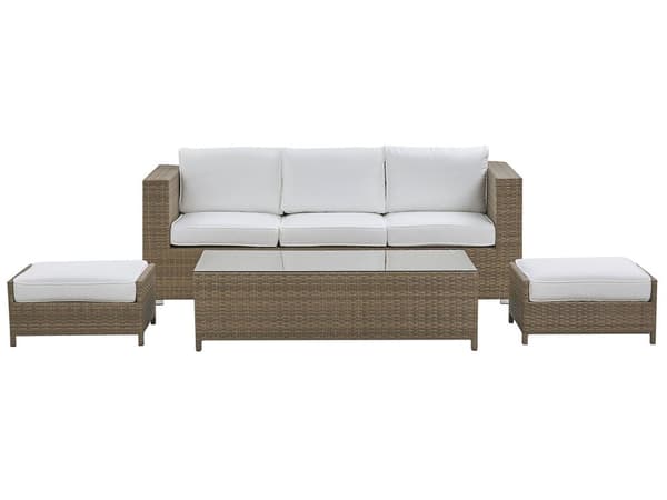 Udendørs sofasæt Brun/Hvid Imiteret Rattan 3 Personers Sofa med Sofabord og 2 Osmanner med Hynder til en Plads Kapacitet op til 5 Siddepladser