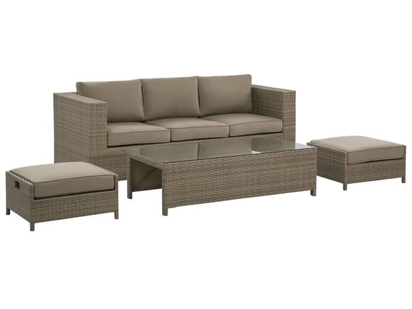 Udendørs sofasæt Brun Imiteret Rattan 3 Personers Sofa med Sofabord og 2 Osmanner med Hynder til en Plads Kapacitet op til 5 Siddepladser