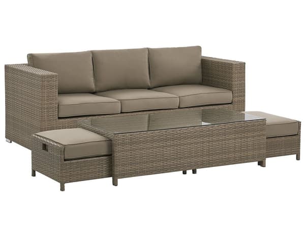 Udendørs sofasæt Brun Imiteret Rattan 3 Personers Sofa med Sofabord og 2 Osmanner med Hynder til en Plads Kapacitet op til 5 Siddepladser