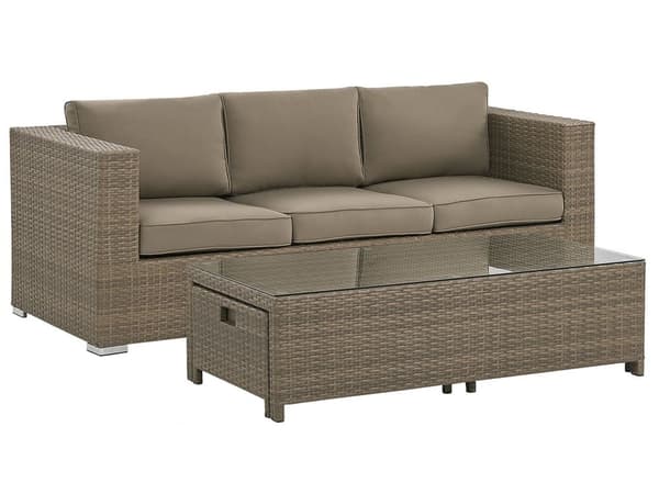 Udendørs sofasæt Brun Imiteret Rattan 3 Personers Sofa med Sofabord og 2 Osmanner med Hynder til en Plads Kapacitet op til 5 Siddepladser