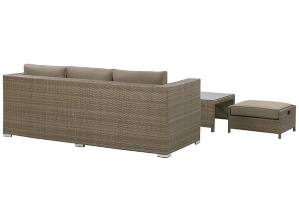 Udendørs sofasæt Brun Imiteret Rattan 3 Personers Sofa med Sofabord og 2 Osmanner med Hynder til en Plads Kapacitet op til 5 Siddepladser