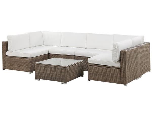 Udendørs Loungesæt Brun Hvid Imiterede Rattan Puder Modulær Hjørnesofa til 6 Personer Sofabord med Hærdet Glasplade
