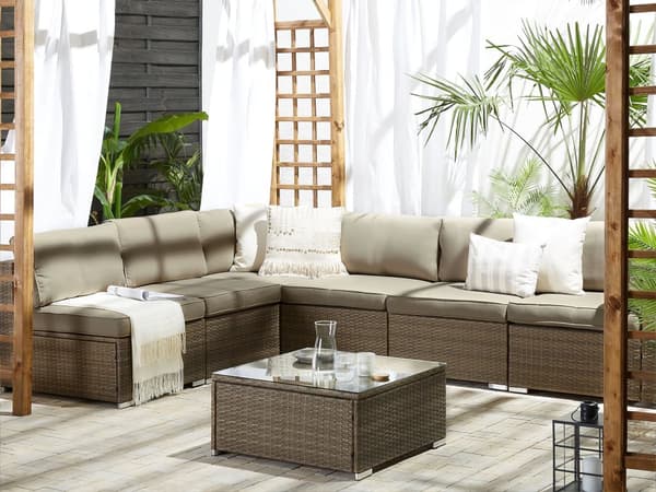 Udendørs Loungesæt Brune Imiterede Rattan Puder Modulær Hjørnesofa til 6 Personer Sofabord med Hærdet Glasplade