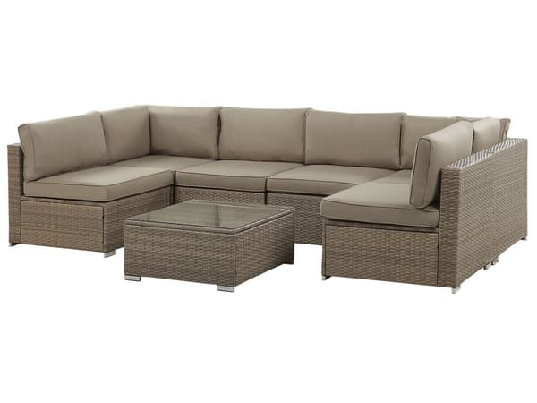 Udendørs Loungesæt Brune Imiterede Rattan Puder Modulær Hjørnesofa til 6 Personer Sofabord med Hærdet Glasplade