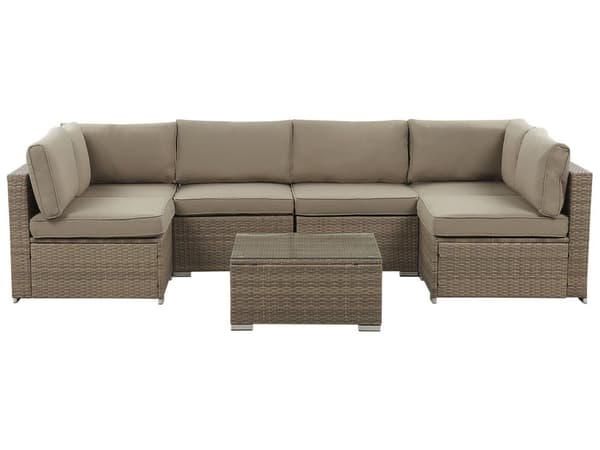 Udendørs Loungesæt Brune Imiterede Rattan Puder Modulær Hjørnesofa til 6 Personer Sofabord med Hærdet Glasplade