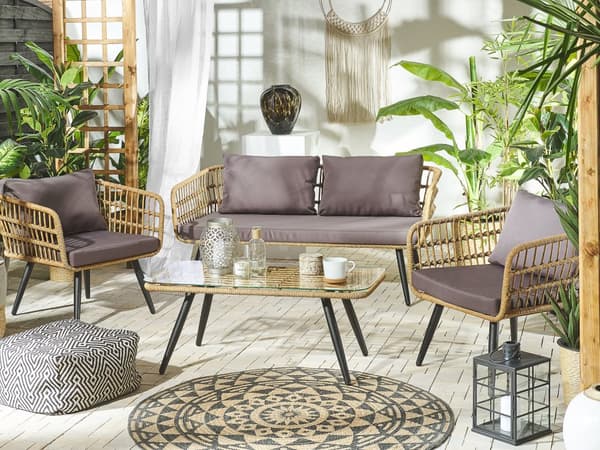 Havesæt Beige Imiteret Rattan med Grå Hynder og Hærdet Glas Sofabord Stålben