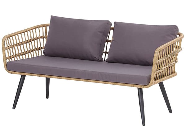 Havesæt Beige Imiteret Rattan med Grå Hynder og Hærdet Glas Sofabord Stålben
