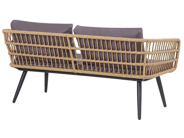 Havesæt Beige Imiteret Rattan med Grå Hynder og Hærdet Glas Sofabord Stålben