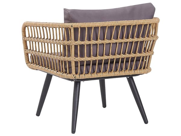 Havesæt Beige Imiteret Rattan med Grå Hynder og Hærdet Glas Sofabord Stålben