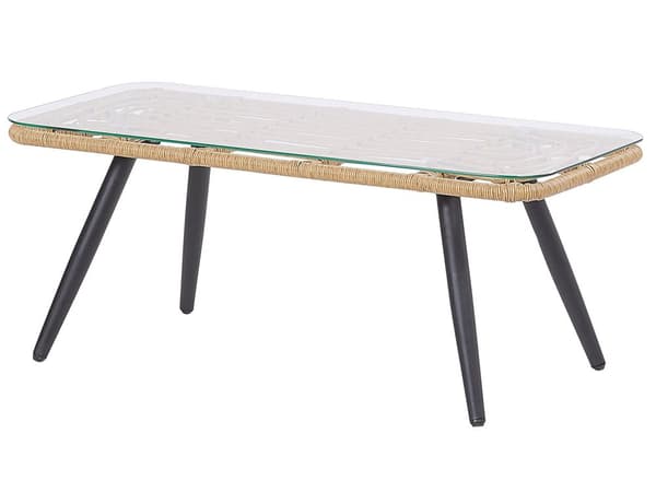 Havesæt Beige Imiteret Rattan med Grå Hynder og Hærdet Glas Sofabord Stålben