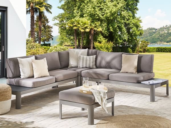 Loungesæt Grå Aluminium 5 Personers Loungesofa Udendørs med Indbygget Sidebord Fodskammel Ottoman til Terrasse Altan Have Indretning
