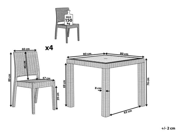 Havemøbelsæt Lysegrå Plastik 140 x 80 cm 4 Personers Firkantet Spisebord med Hul til Parasol Tilbehør Stabel Stole Flet Terrasse