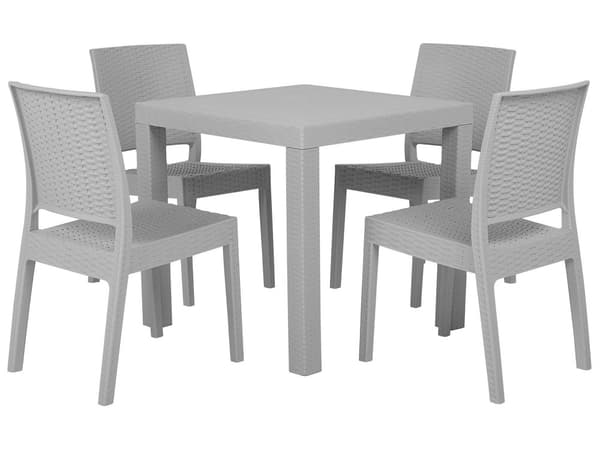 Havemøbelsæt Lysegrå Plastik 140 x 80 cm 4 Personers Firkantet Spisebord med Hul til Parasol Tilbehør Stabel Stole Flet Terrasse
