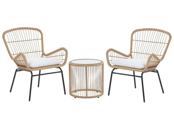 Bistrosæt Brun Imiteret Rattan Sort Stålben 2 Stole med Grå Hynder Glasbordplade Moderne 2 Personers Udendørs Sæt